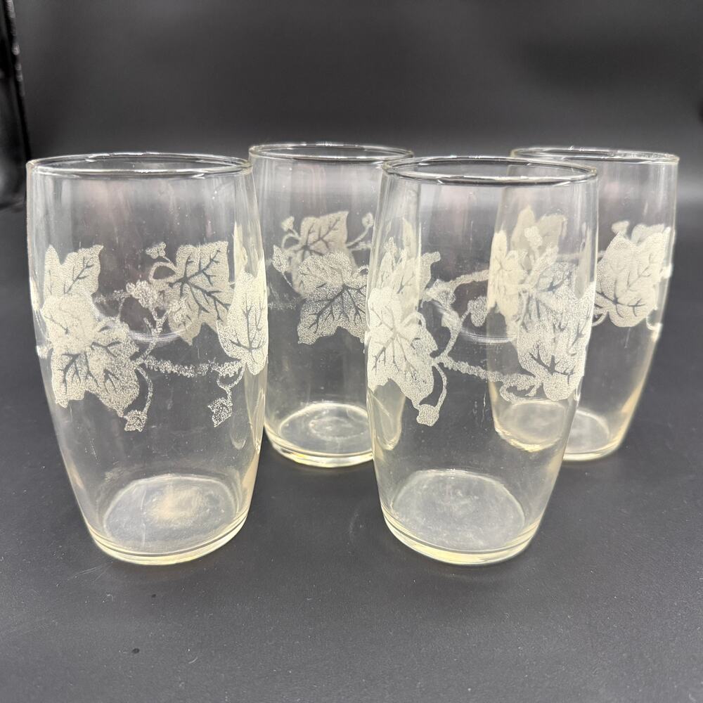 set of 4 vintage drinking GLASSES tumblers leaf border textured appliqué 16 oz